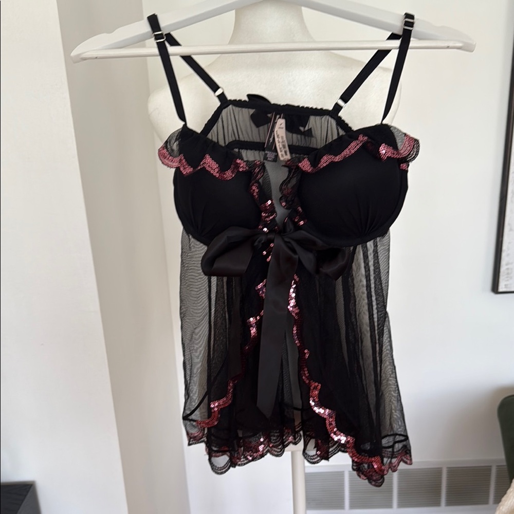 Black and Pink Lace Babydoll Lingerie